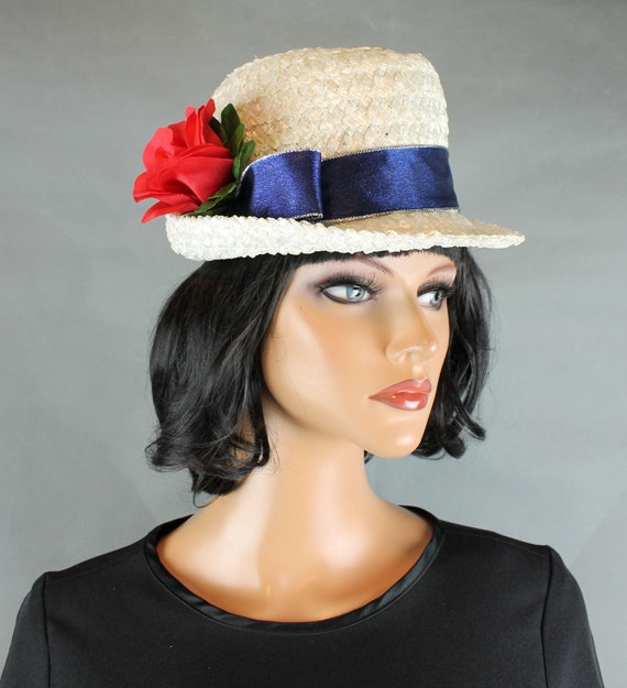 Raffia Trilby Hat Sz M Vintage Red White Blue Lad… - image 3