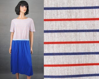 80s Shirt Dress 20 XL Vintage Red White Blue Striped Short Sleeve Stretchy Knit