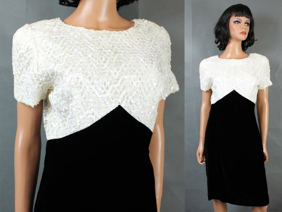 80s Prom Dress Sz S Vintage White Sequin Lace Bla… - image 1