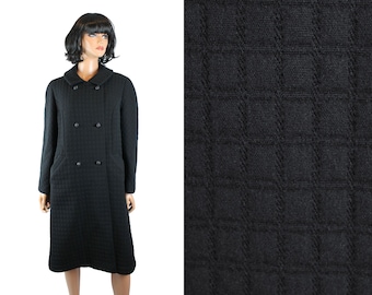 Winter Coat L Vintage 60s Black Checked Wool Long Heavy Jacket Rhinestone Button