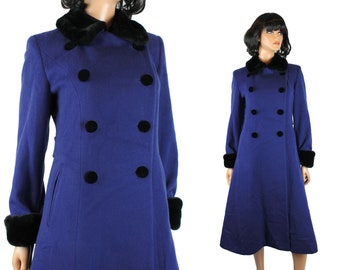 Vintage Princess Coat Sz 2 XS 80s Royal Blue Wool Black Faux Fur Collar Cuffs