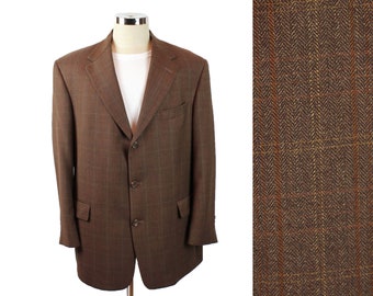3 Button Blazer 44S Vintage 2000s Brown Orange Plaid Checked Wool Blend Jacket Sports Coat