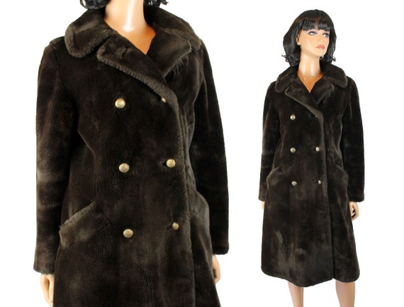 Faux Fur Trench Coat Sz M Vintage 70s Dark Brown … - image 1