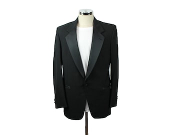 Vintage Tuxedo Jacket 40R 80s Black Wool Satin Lapel Blazer Suit Coat