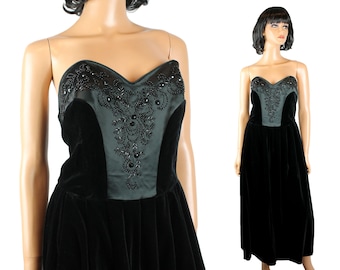 80s Prom Gown 14 M L NOS Laura Ashley Black Velvet Satin Strapless Beaded Dress