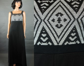 70s Maxi Dress Sz S Vintage Long Black Metallic Silver Sleeveless Cocktail Gown
