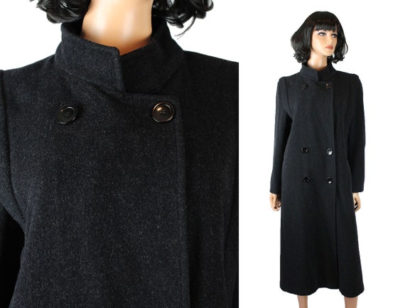 Winter Coat Sz M Vintage 80s Dark Charcoal Gray 100% Wool Long