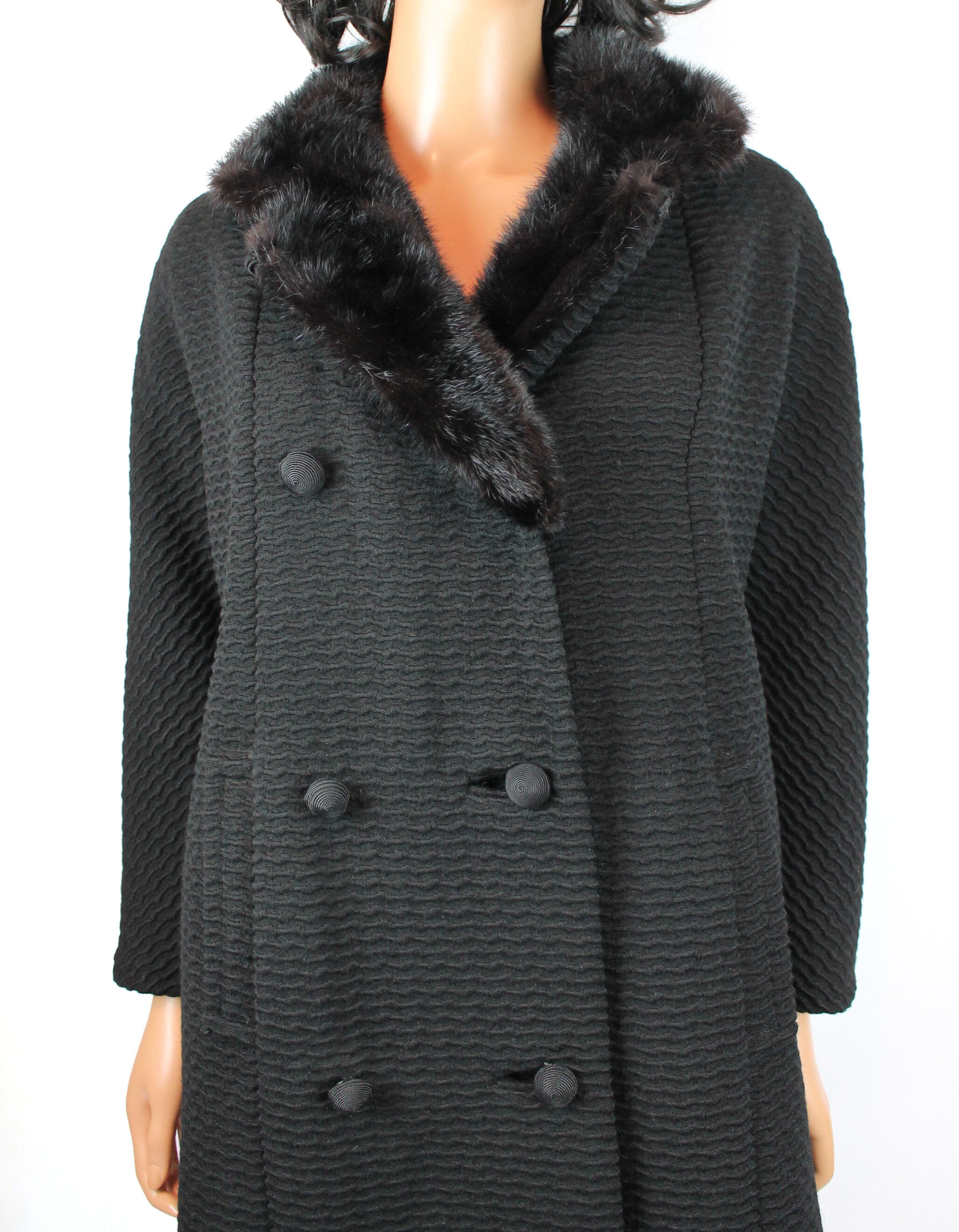 ジャケット・アウター FUR COLLAR CLASSICAL COAT Fur Collar Coat Sz M Vintage Solid Black Textured Wool Mink Fur