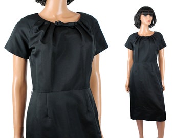 Vintage 50s 60s Cocktail Dress Sz S Black Rayon Short Sleeve Nip Waist Gown