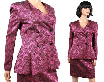 Vintage Skirt Suit XS 60s Pink Black Tapestry Brocade Fitted Blazer Jacket
