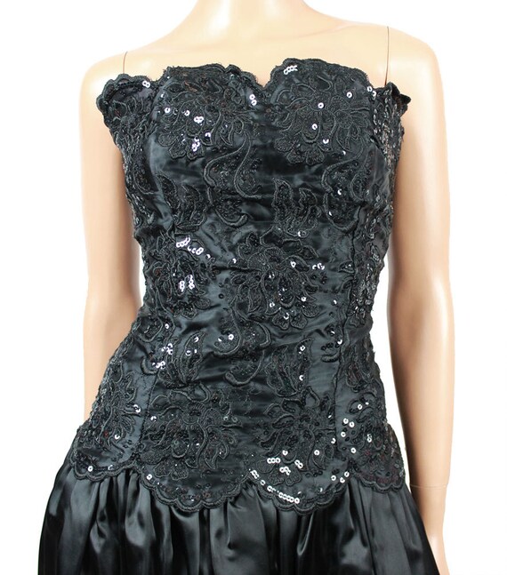 80s Prom Gown Jrs XS Vintage Strapless Black Sati… - image 2