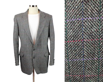 Vintage 80s Blazer 42L Stafford Gray Wool Herringbone Tweed Sports Coat Jacket