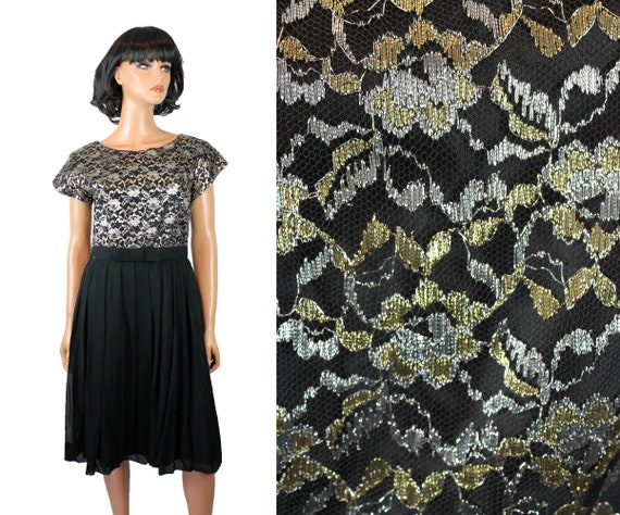 50s Prom Gown M Vintage Black Silk Chiffon Gold S… - image 1