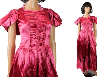 50s Prom Dress XXS 2XS Vintage Dark Pink Shiny Satin Ruched Princess Gown Jrs XS