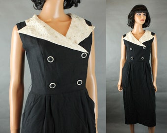 Vintage 40s Cocktail Dress Sz S Black Off White Wool Sleeveless Rhinestone Gown