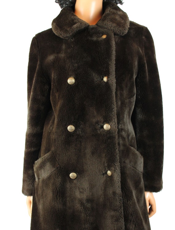 Faux Fur Trench Coat Sz M Vintage 70s Dark Brown … - image 3