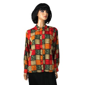 Vintage 90s Blouse Sz M Notations Funky Red Green Yellow Checkered Dress Shirt