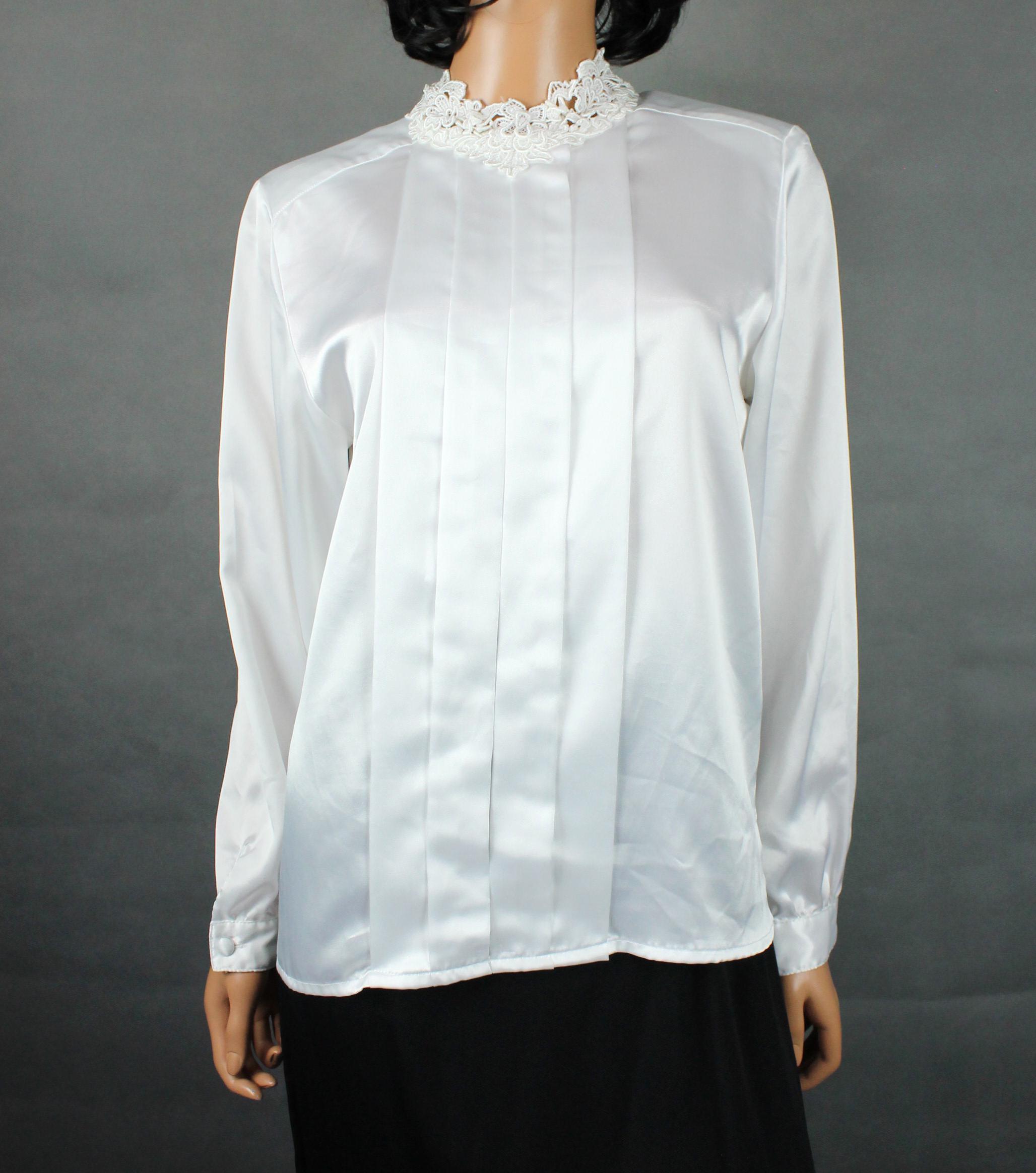 White Satin Blouse Sz 8 M Vintage 80s High Lace Turtleneck Collar