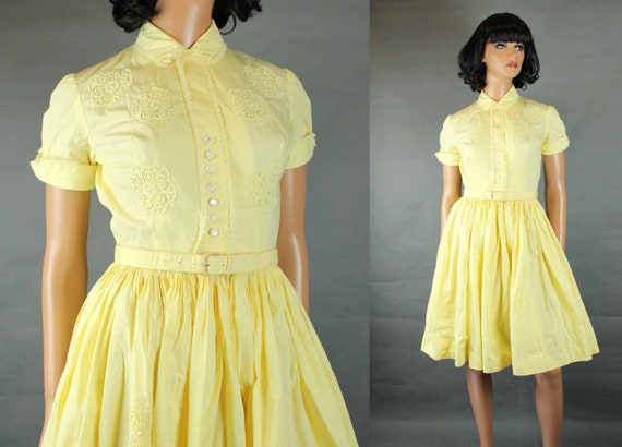 50s Party Gown Sz XS Vintage Butter Yellow Cotton… - image 1