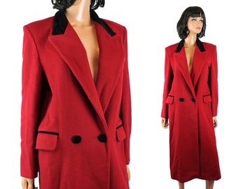 Vintage Coat Sz 6P Vintage 90s Long Red 100% Wool Black Velvet Winter Jacket