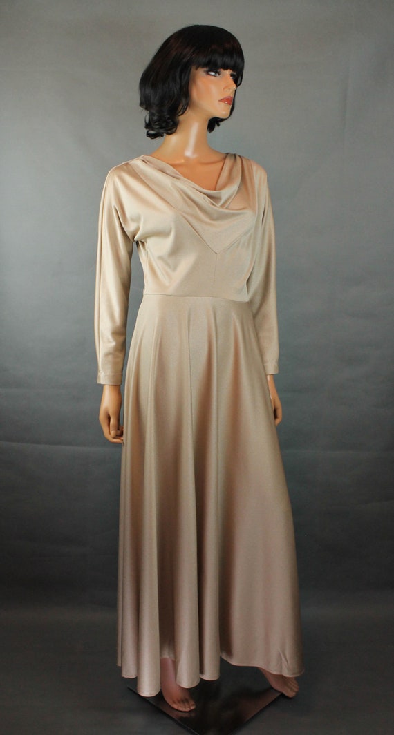 70s Maxi Dress S Vintage Long Sleeve Shiny Beige … - image 3