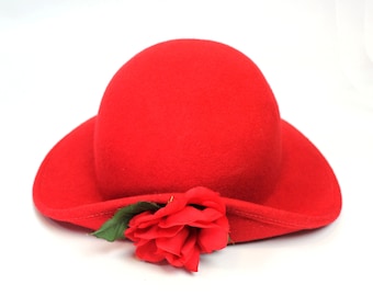 Red Felt Hat Sz S Vintage 80s 100% Wool Wide Upturned Brim Rose Flower Accent