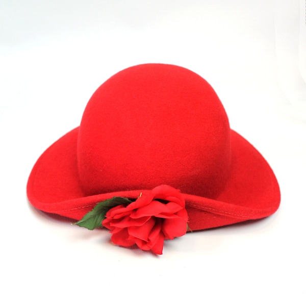 Chapeau de feutre rouge Sz S vintage des années 80 100 % laine large bord retroussé Accent de fleur rose