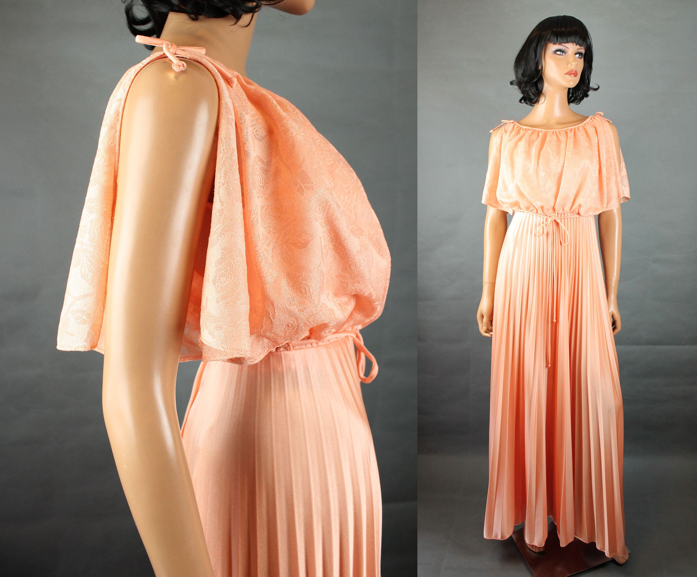 70s Disco Dress Sz XS Long Shiny Peach Floral Lace Cape