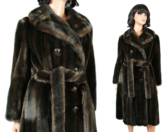 Faux Mink Fur Trench Coat Sz M Vintage, Dark Brown Mink Trench Coat