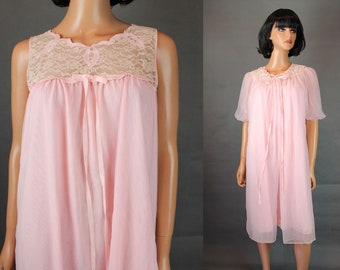 Vintage Peignoir Set S M 60s Avian Pink Sheer Chiffon Lace Shortie Nightgown Robe