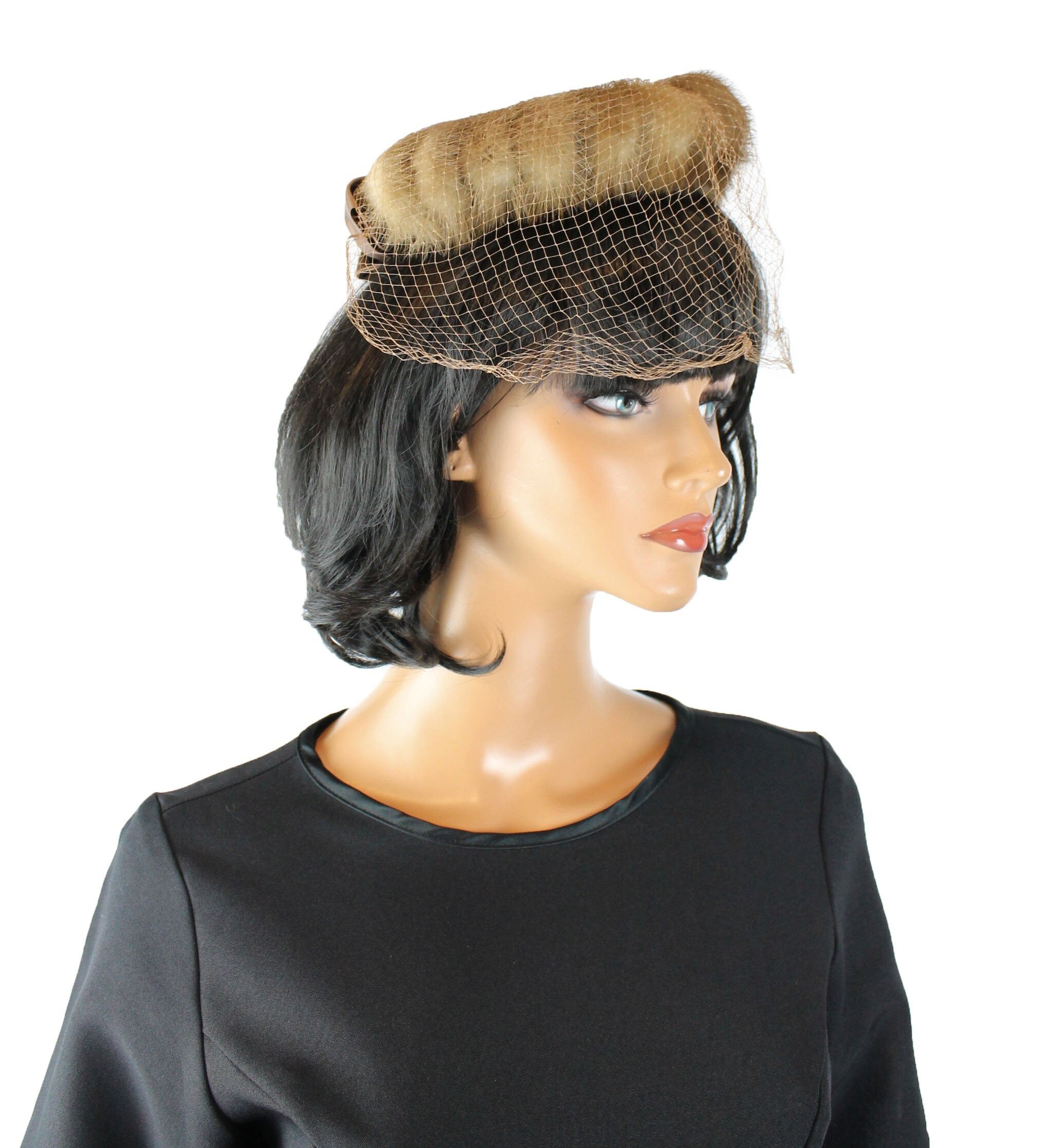 50s Pillbox Hat Vintage Brown Mink Fur Satin Bow Velvet 