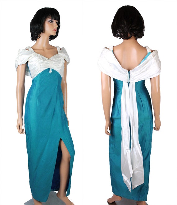 80s Prom Dress XS Vintage Teal Blue White Satin L… - image 4