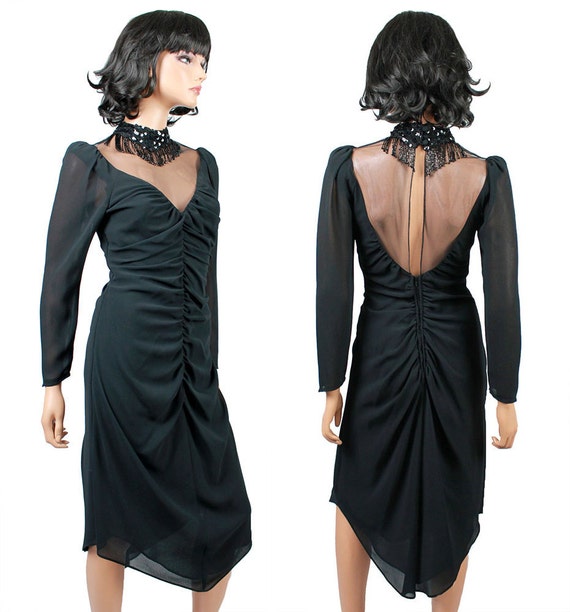 70s Cocktail Gown Sz XS S Black High Collar Sheer… - image 4