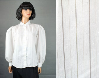 Victorian Style Blouse 12 M L Vintage 80s White Brown Striped Cotton Blend Shirt