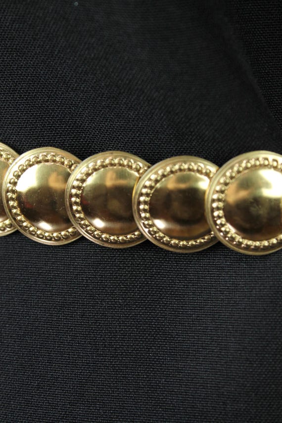 Metal Stretch Belt M L XL Vintage 80s Shiny Gold Tone Discs  display picture 3