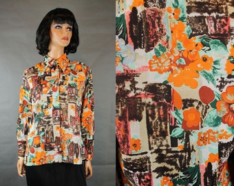 Vintage 70s Shirt Sz 36 M Brown Orange Funky Bold Floral Long Sleeve Blouse