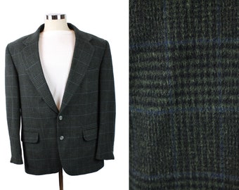 Camel Hair Blazer 44R Vintage Green Blue Black Plaid Checked Soft Jacket Coat