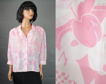 80s Secretary Blouse Sz XL Vintage Pink White Geometric Cherry Semi Sheer Shirt