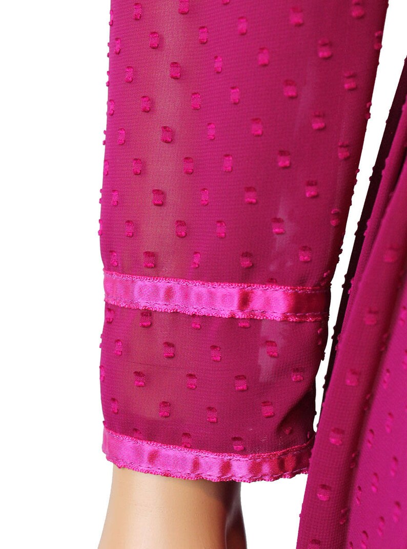 80s Secretary Dress Sz S Vintage Sheer Fuchsia Dark Pink Chiffon Crepe Swiss Dot Free US Shipping