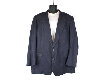 100% Silk Blazer Sz 48L Vintage Jos A Bank Dark Blue Herringbone Jacket Coat