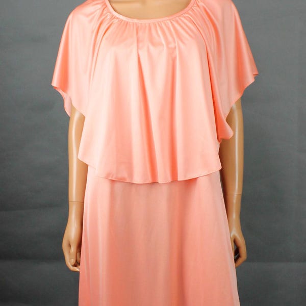 70s Cape Dress 20 XL Vintage Peach Orange Stretchy Plus Size Midi Disco Gown
