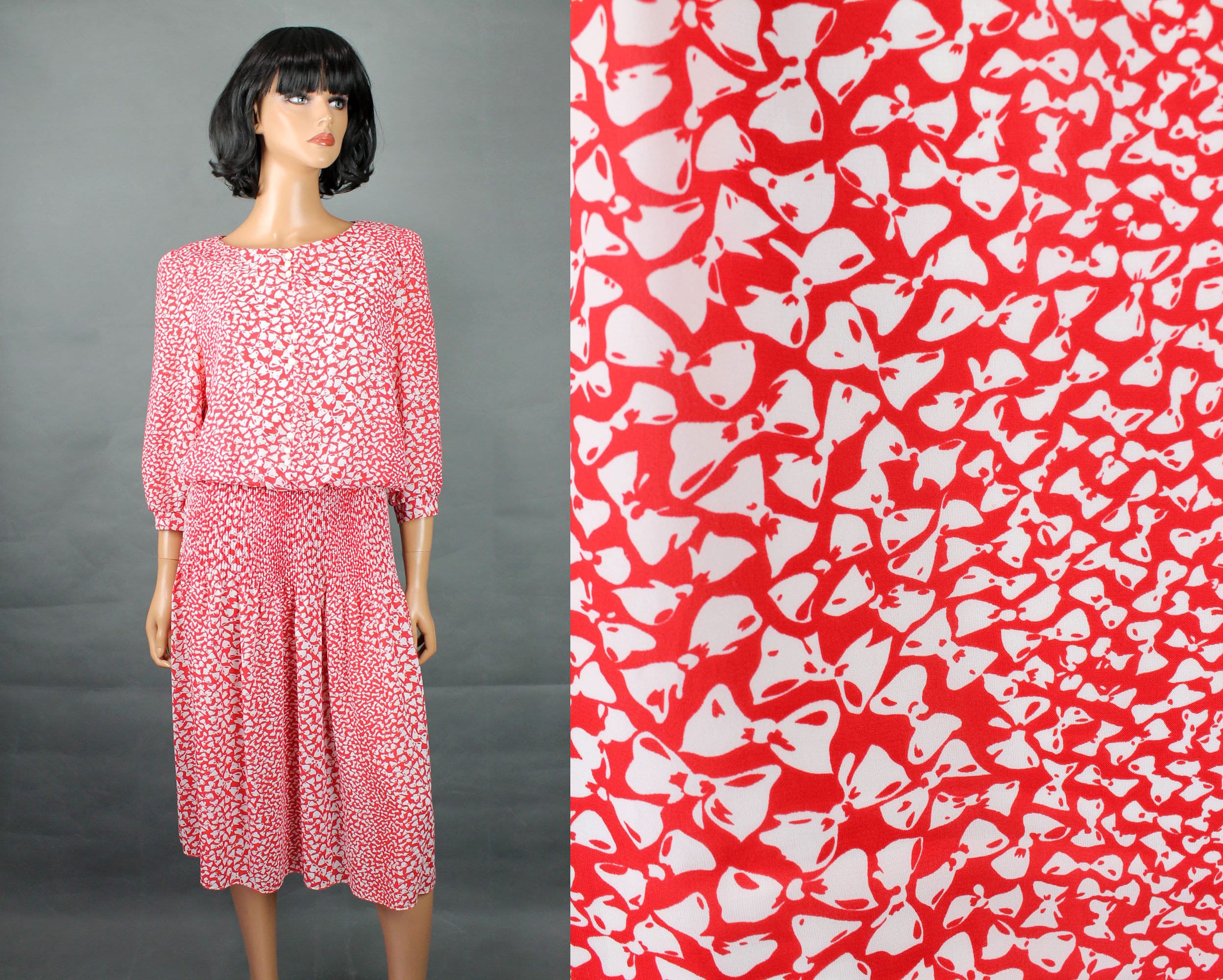 Vintage Secretary Dress Sz M 80s Red White Bow Print 3/4