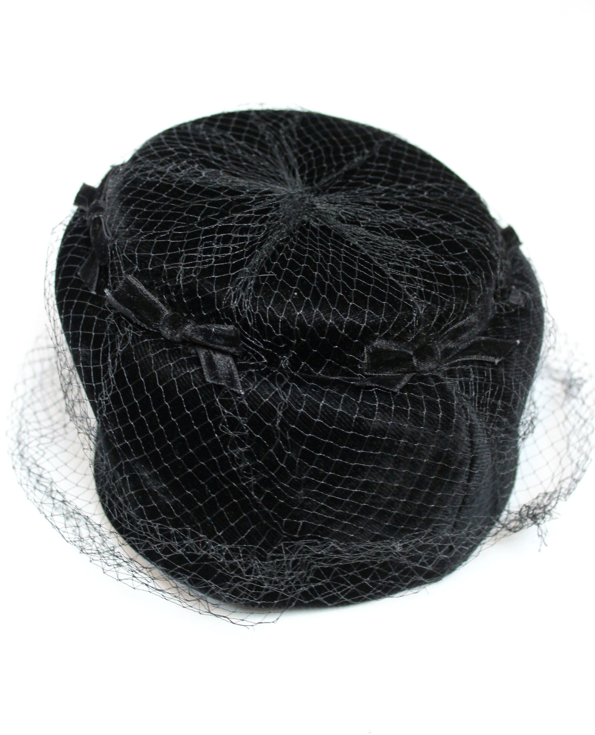 Vintage Pillbox Hat 50s Black Velvet Tulle Netting Bow Accents Cap One Size