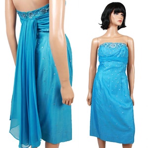 50s 60s Prom Dress XS Vintage Strapless Blue Chiffon Cocktail Gown Beads Sequins