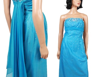 Vestido de fiesta de los años 50 y 60, talla XS, vintage, sin tirantes, de gasa azul, con cuentas y lentejuelas.