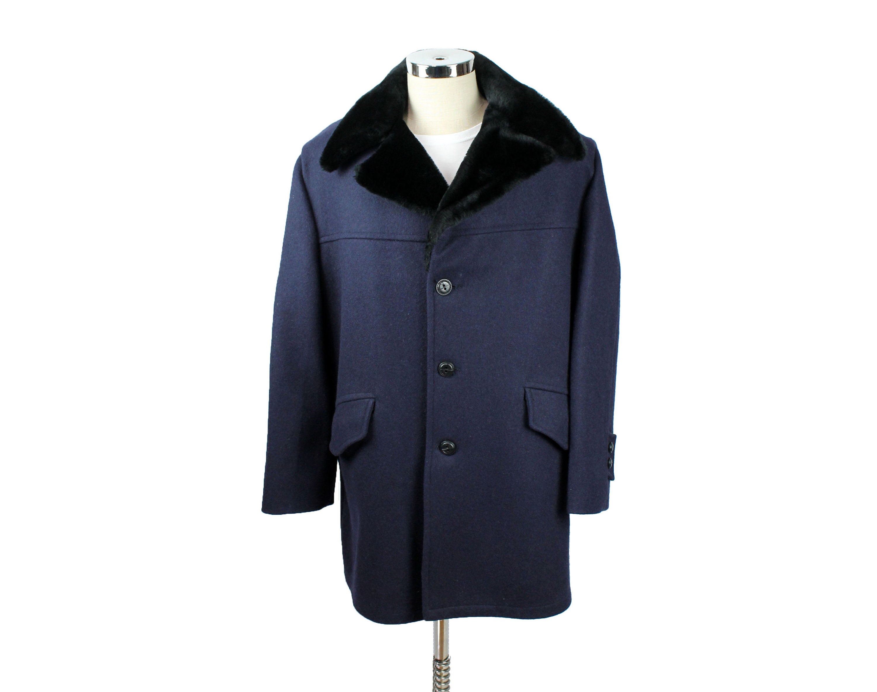 Heavy Winter Coat L Vintage 70s Blue Wool Black Faux Fur Collar