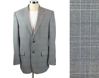 Vintage Glen Check Blazer 41L Slim Gray Blue Plaid Wool Jos A Bank Jacket Coat