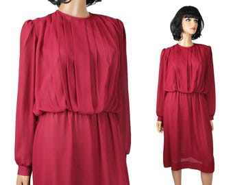 Semi Sheer Dress Sz M Vintage 80s Dark Burgundy Red Chiffon Crepe Long Sleeve