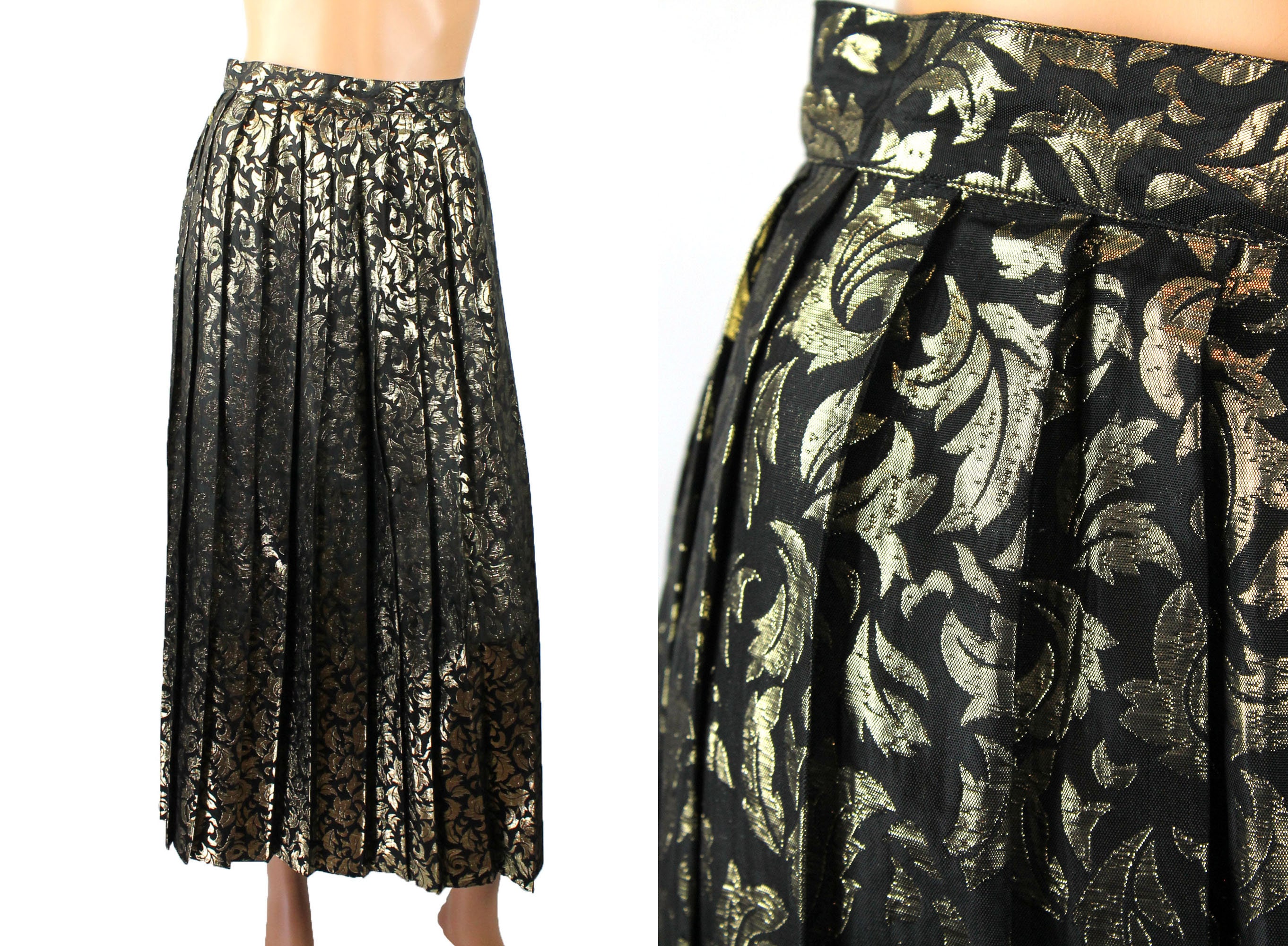 Vintage Pleated Skirt Sz S Long Black Metallic Gold Leaf