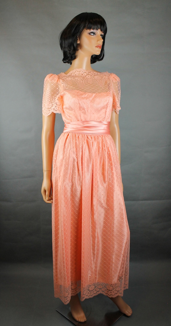 80s Prom Dress Jrs XS Vintage Pinkish Peach Lace … - image 5